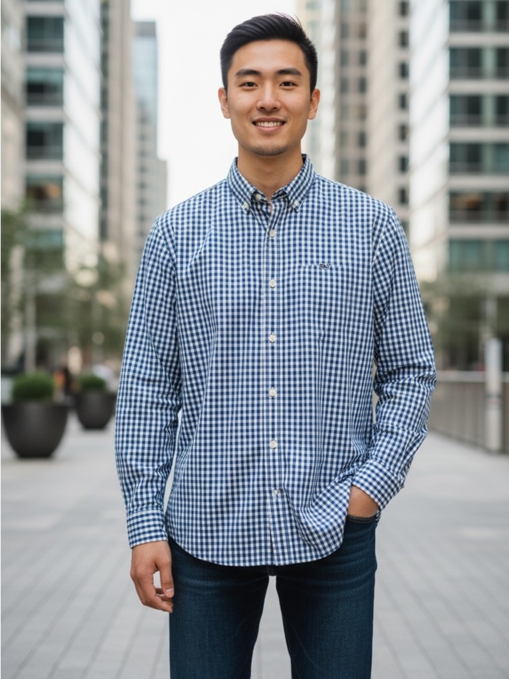 Vineyard Vines Blue and White Gingham Button-Down Shirt